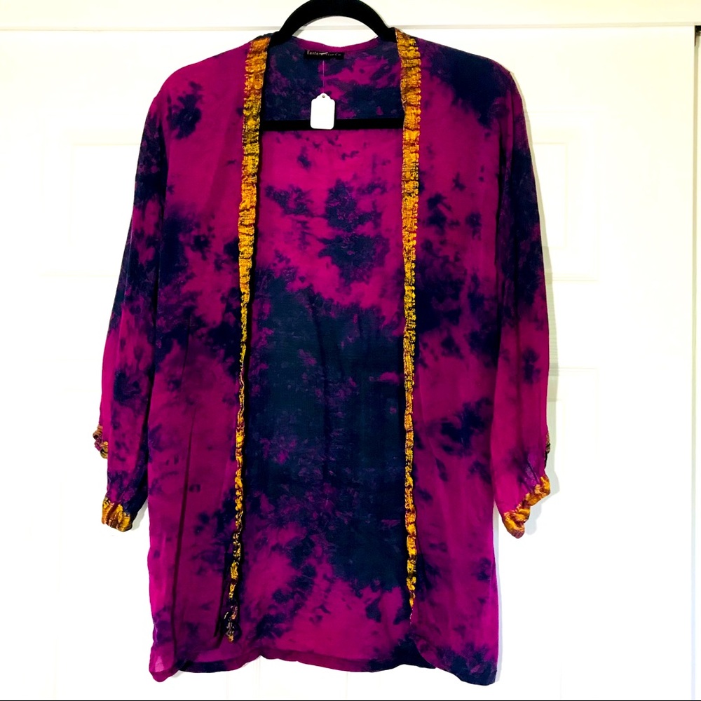 70% Silk Fuschia Tie Dyed Robe W/ Gold Trim